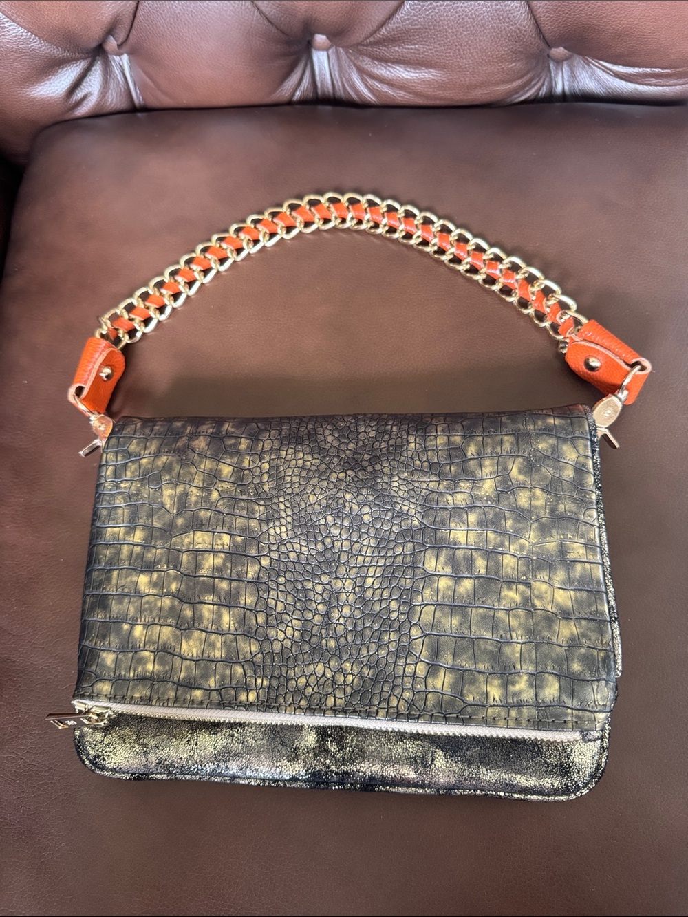 Urban Expressions Gold-Accent Croc Embossed folding Bag with leather Chain Strap